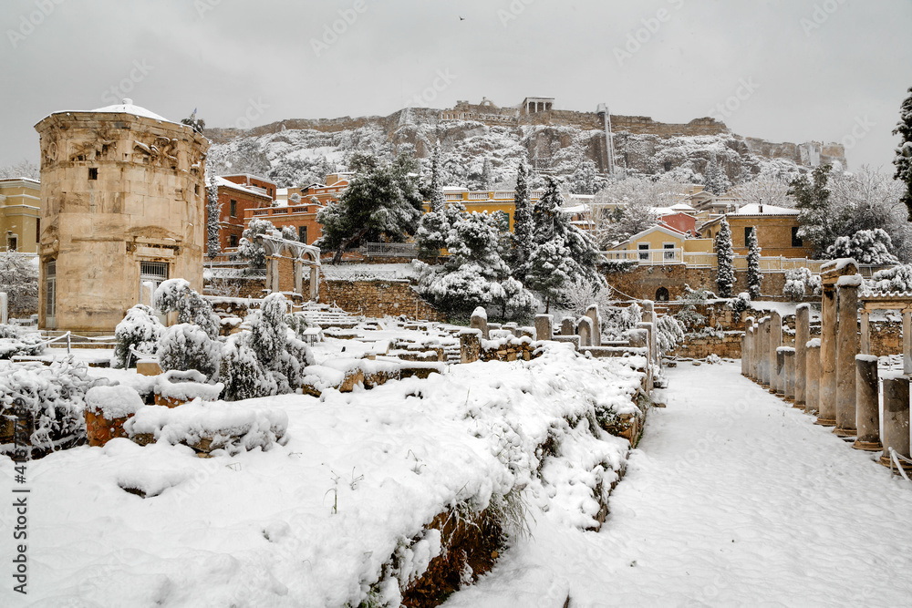 Snow in Athens - Roman market and the Acropolis