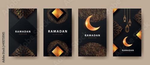 Ramadan Kareem modern design with geometric arabic gold pattern, sand, lanterns and bright crescent on black background.Template set of covers, gift cards, labeles, web banners, social media stories