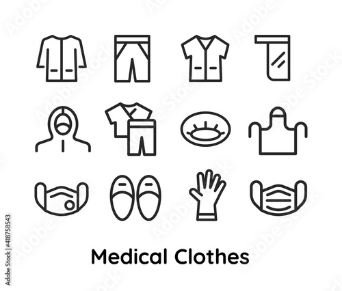Medical clothes icons set for doctors, nurses. Vector thin line linear illustration. Editable outline for web, UI, stories highlights.