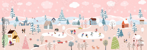 Winter landscape at night with people having fun doing outdoor activities on new year,Vector city landscape on Christmas holidays with people celebration, kid playing ice skates, teenagers skiing