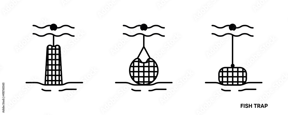 Fototapeta premium Fish trap icon set. This icon is the equipment icon symbol used to catch fish. Editable icon set. Fishing club or online web shop creative vector line art.