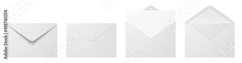 Vector set of realistic white envelopes in different positions. Folded and unfolded envelope mockup isolated on a white background. photo