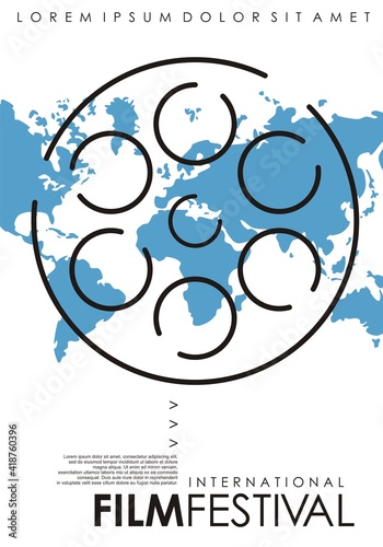 International film festival minimal poster design with line art film reel and blue world map. Flyer template concept for movie event. Cinema banner vector print layout.