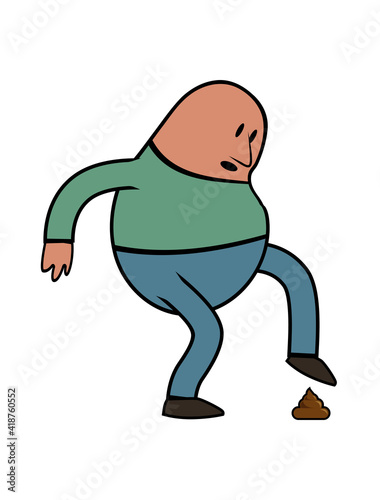 A schematic man cartoon is about to step o a poop. vector illustration