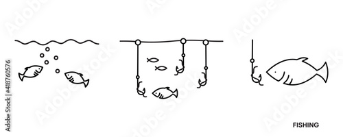 Fishing icon set. This symbol is the icon symbol showing the fishing stage of the fish in the sea. Editable icon set. Fishing club or online web shop creative vector line art.