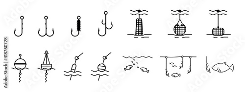 Fishing apartments icon set. This icon is the icon symbol showing fishing technique. Editable icon set. Fishing club or online web shop creative vector line art.