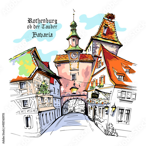 Vector color sketch of Markusturm in medieval old town of Rothenburg ob der Tauber with City name, Bavaria Fototapeta