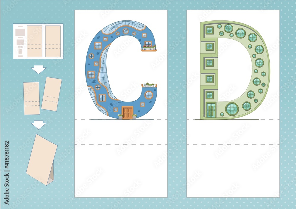 Study English alphabet. Letter C, D in house shape. Printable worksheet. Print, cut, fold, play. Horizontal lanscape page