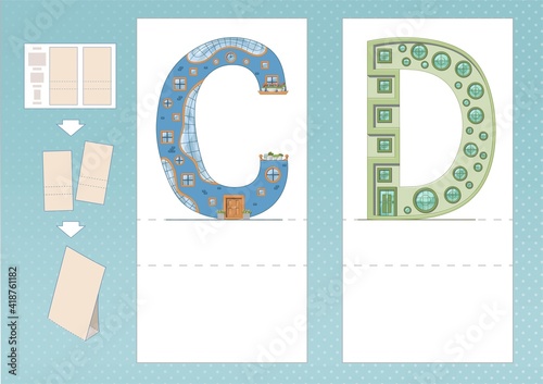 Study English alphabet. Letter C, D in house shape. Printable worksheet. Print, cut, fold, play. Horizontal lanscape page