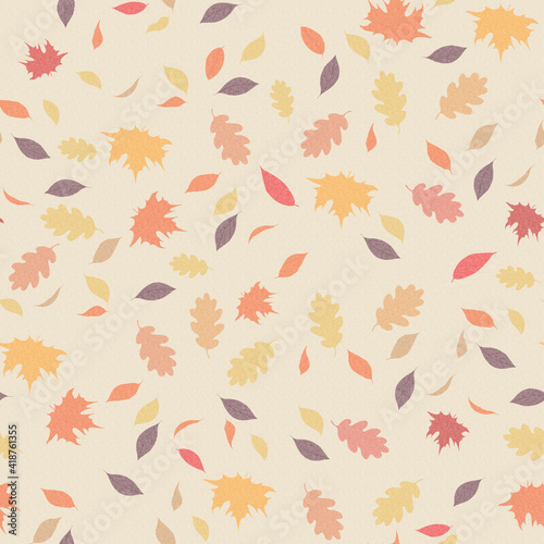 Seamless repeat pattern of autumn foliage leaves. Background with flying autumn leaves of oak and maple.