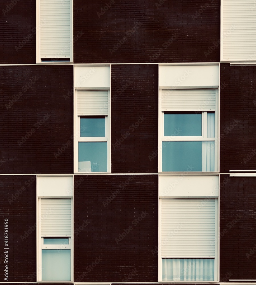 Black brick facade with white windows and shutters Black brick facade with white windows and shutters