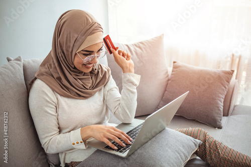 Sticker Portrait of happy woman purchasing product via online shopping