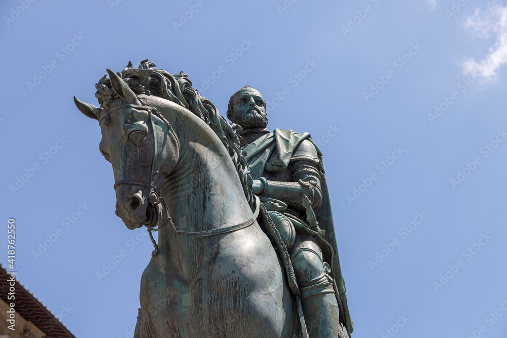 Close up view of  Equestrian Monument of Cosimo I in Florence, Italy.