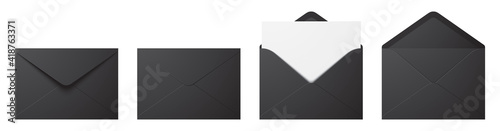 Vector set of realistic black envelopes in different positions. Folded and unfolded envelope mockup isolated on a white background.