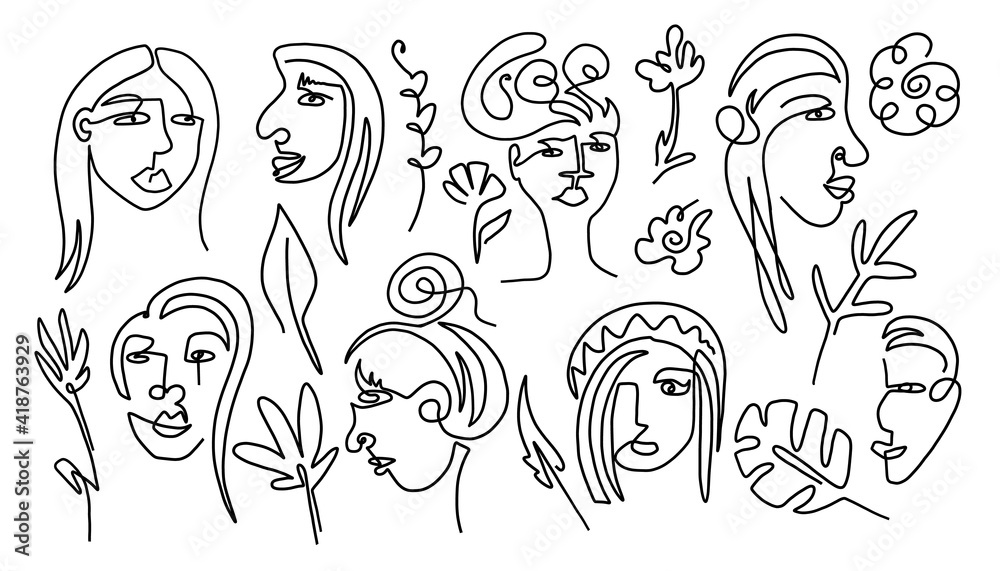 Woman portrait line art. Single line girls faces, abstract minimalist beautiful characters, hand drawn collection, vector outline set isolated on white background