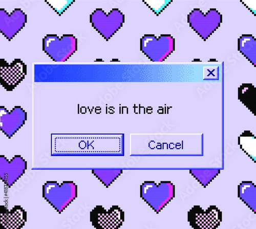 8-bit art message with pixel hearts. Vaporwave trendy retro user interface like in old operating systems.