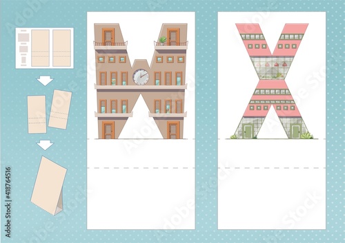 Study English alphabet. Letter W, X in house shape. Printable worksheet. Print, cut, fold, play. Horizontal lanscape page