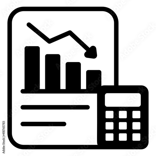 Calculator and chart denoting solid icon of recession 