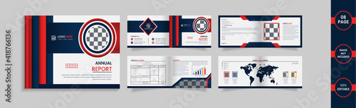 Landscape 8 page brochure design template with deep blue and red gradient color abstract shapes and information.
