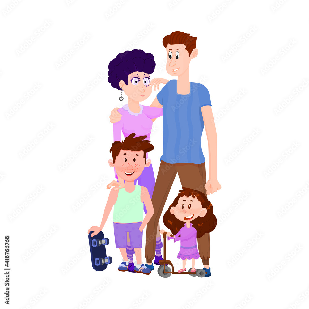 Happy married couple with children boy and girl - flat characters. Happy married couple with children boy and girl - flat characters.