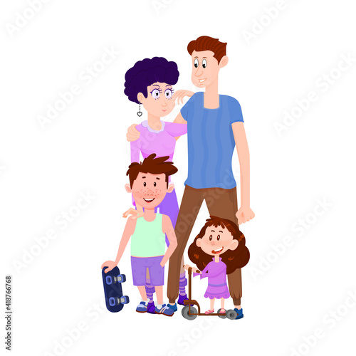 Happy married couple with children boy and girl - flat characters.