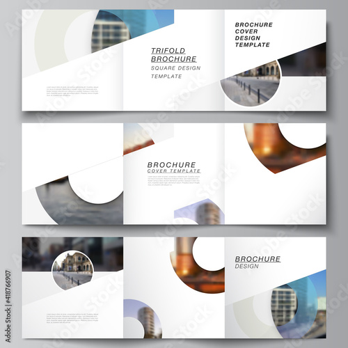 Vector layout of square covers templates for trifold brochure, flyer, magazine, cover design, book design, brochure cover. Background template with rounds, circles for IT, technology in minimal style.