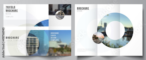 Vector layouts of covers design templates for trifold brochure, flyer layout, magazine, book design, brochure cover, advertising mockups. Background template with rounds, circles for IT, technology.