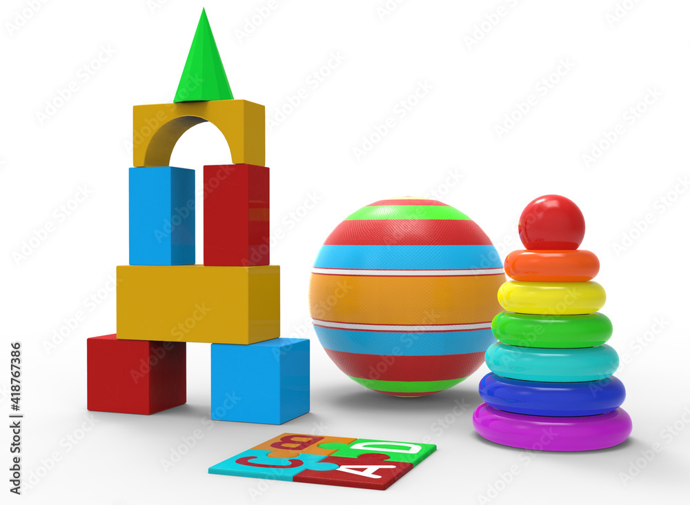 children's toys of simple shape, ball, pyramid 3d-illustration 3d-rendering
