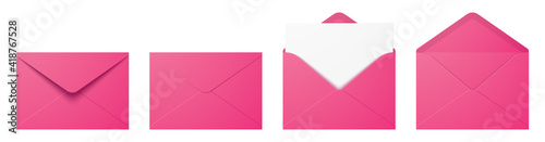 Vector set of realistic pink envelopes in different positions. Folded and unfolded envelope mockup isolated on a white background. photo