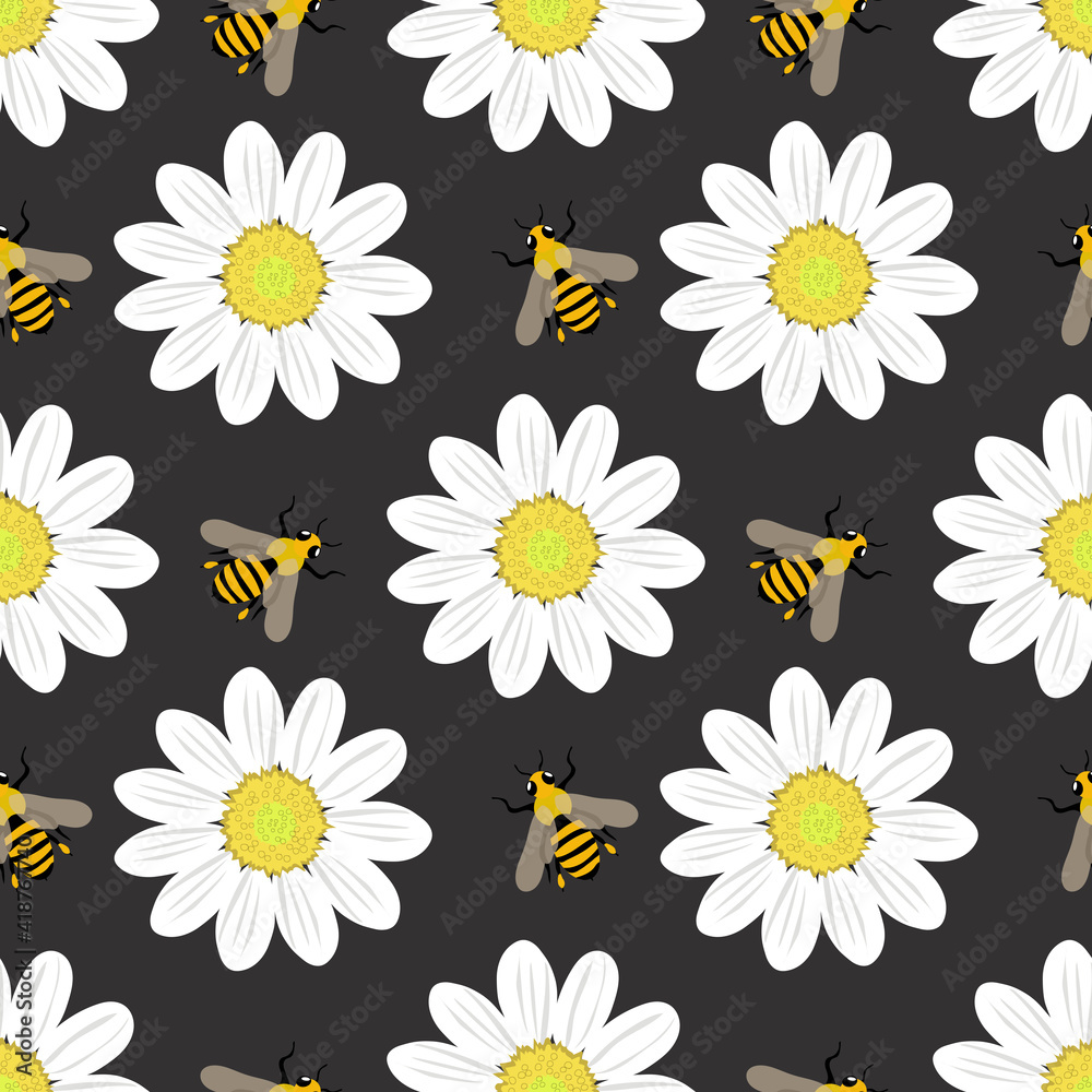 Seamless pattern with large chamomile flowers and honey bees on a dark gray background. For printing on fabrics, textiles, paper, interior design. Seamless pattern with large chamomile flowers and honey bees on a dark gray background. For printing on fabrics, textiles, paper, interior design.