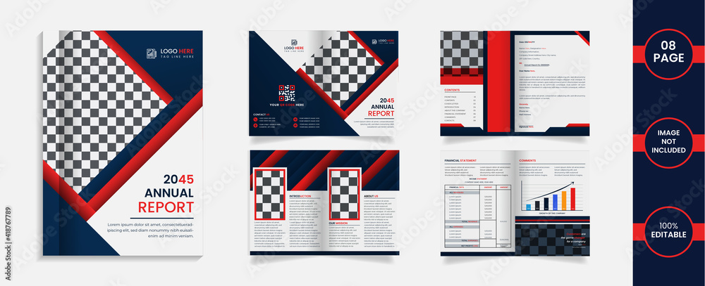8page Bifold Brochure design with deep blue and red color abstract shapes and Information. 8page Bifold Brochure design with deep blue and red color abstract shapes and Information.
