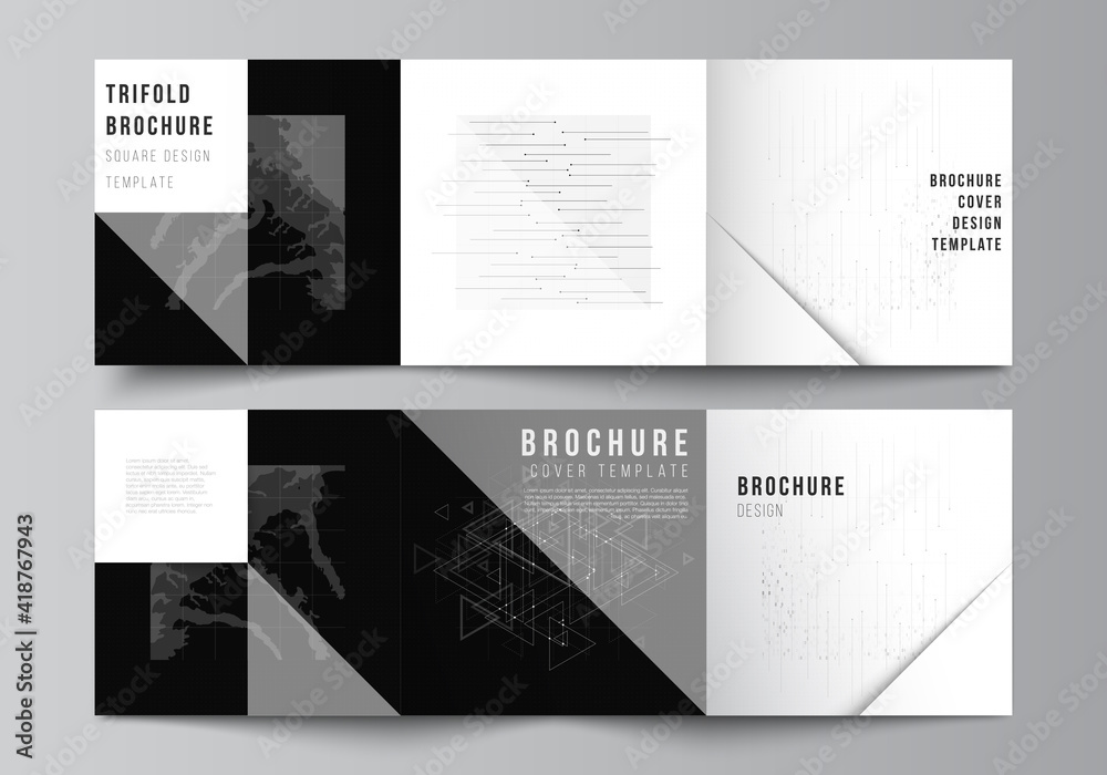 Vector layout of square covers templates for trifold brochure, flyer, magazine, cover design, book design. Abstract technology black color science background.Digital data. Minimalist high tech concept