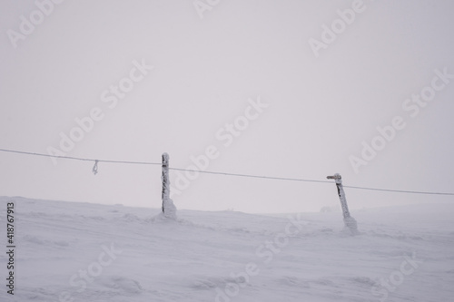 Snow covered signposts on the mountainside.