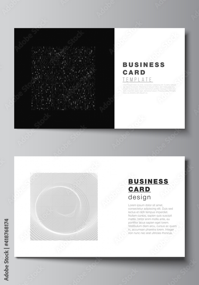 Vector layout of two creative business cards design templates, horizontal template vector design. Abstract technology black color science background. Digital data. Minimalist high tech concept. Vector layout of two creative business cards design templates, horizontal template vector design. Abstract technology black color science background. Digital data. Minimalist high tech concept.