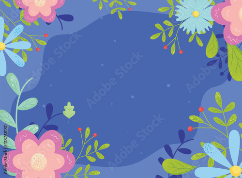 spring flowers frame on blue background vector design