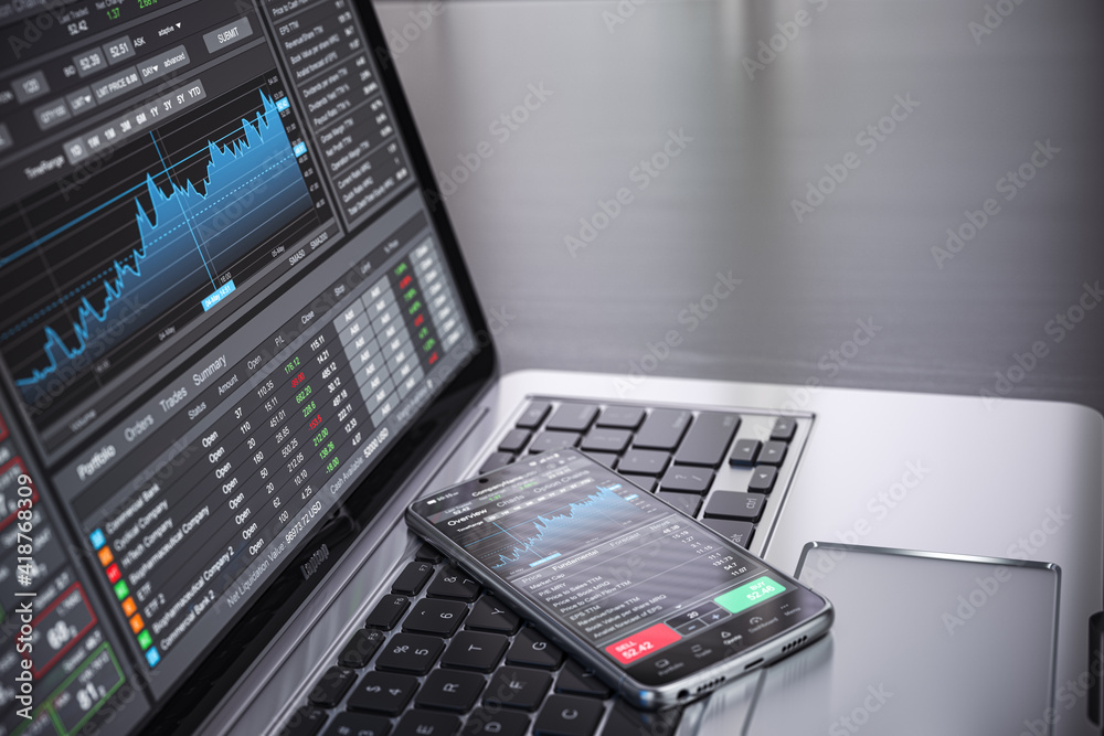 Stock exchange market concept. lLaptop and smartphone with stock trader application, graphs and diagrams on screen. Stock exchange market concept. lLaptop and smartphone with stock trader application, graphs and diagrams on screen.