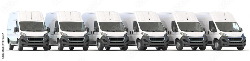 Delivery vans in a row isolated on white.  Express delivery and shipment service concept.