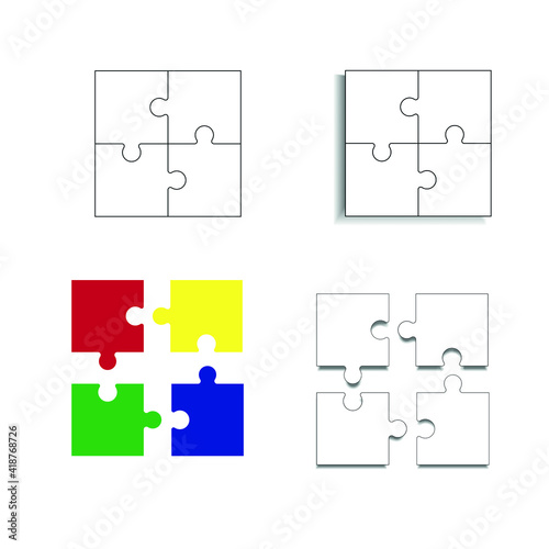 Puzzle pieces set, white and colored. white with black contour and with shadow