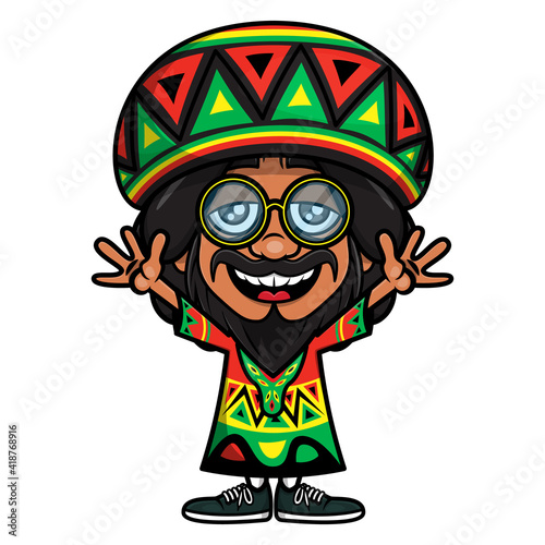 Dreadlocks Man Cartoon Character wearing eyeglasses, slouchy beanie, and ethnic traditional costume with rastafari flag color. best for mascot, poster, sticker, or logo of Reggae music themes