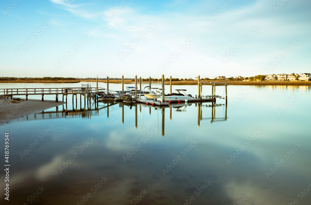 Floating docks near Shred The Gnar Wake School in Bans Channel. Wrightsville Beach, North Carolina. Space for copy