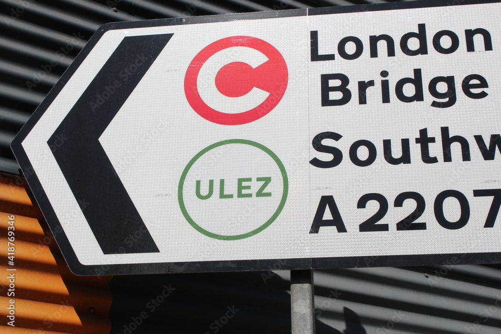 Fototapeta premium ULEZ stock footage London, UK - April 9 2019: ULEZ (Ultra low emission zone) London prepare Ultra Low Emission Zone (ULEZ) warning sign central London.
