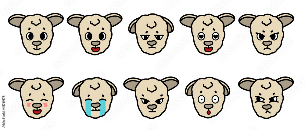 Set of vector farm isolated muzzle sheep animal with different emotion. Happy sad cry angry upset, in love, fascinated, confused furious Cute cartoon funny little lamb baby face on white background. Set of vector farm isolated muzzle sheep animal with different emotion. Happy sad cry angry upset, in love, fascinated, confused furious Cute cartoon funny little lamb baby face on white background.