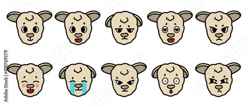Set of vector farm isolated muzzle sheep animal with different emotion. Happy sad cry angry upset, in love, fascinated, confused furious Cute cartoon funny little lamb baby face on white background.
