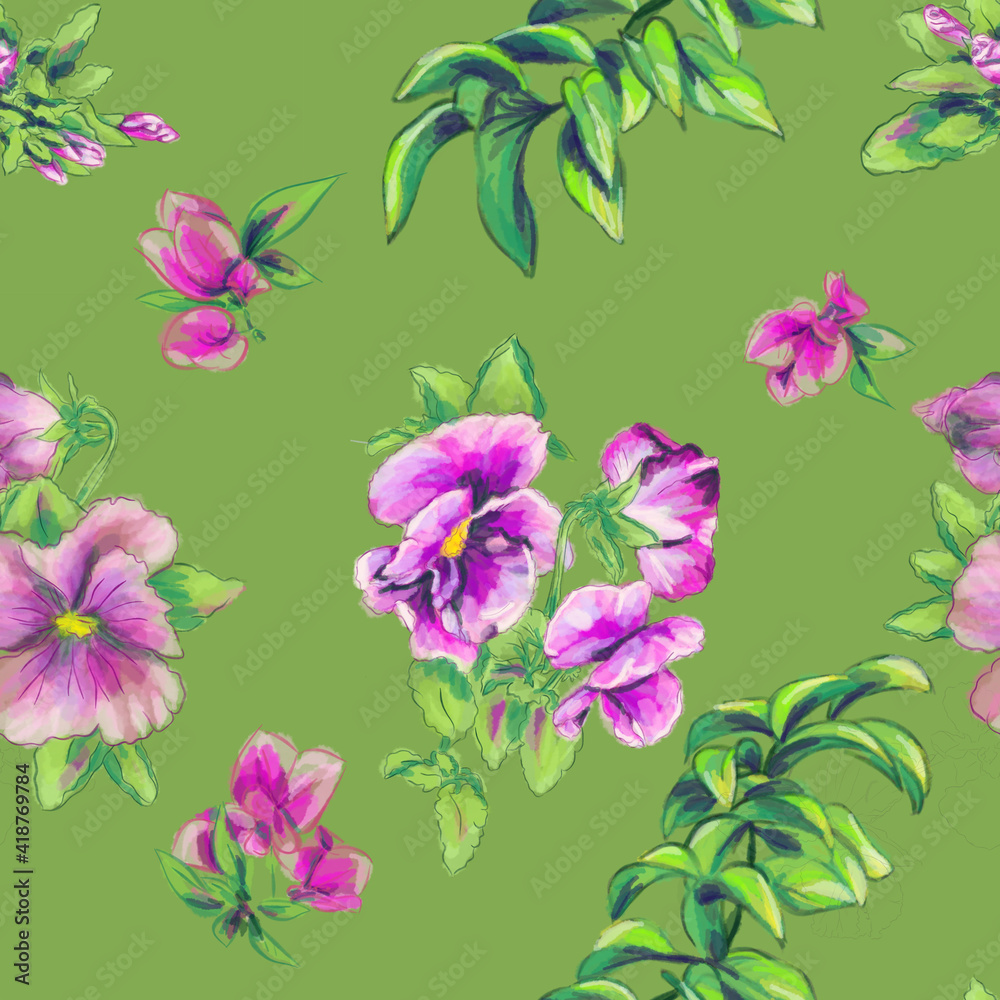 watercolor seamless pattern with pink violet flowers