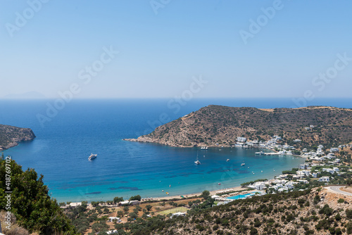 Fototapeta Naklejka Na Ścianę i Meble -  View from the top of beautiful Vathy bay and the turquoise clear waters of the beach. Sifnos island, Greece.