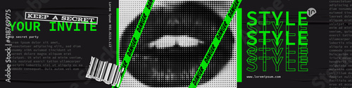 The discounts vector collage grunge banner. The halftone lips on black banner. The stylish modern advertising background design.