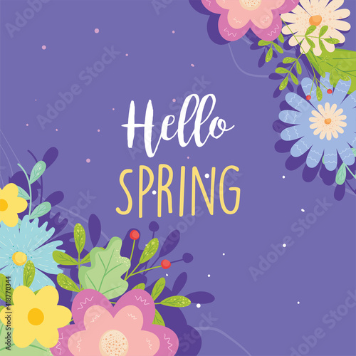 Hello spring with flowers card vector design