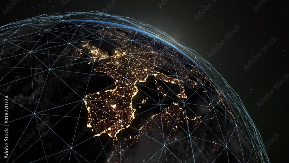 Digital grid over the surface of the night planet earth. A futuristic, global plexus network that covers the entire planet.