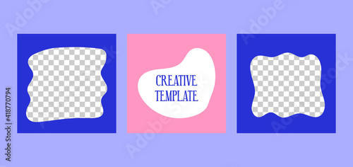 Social media template trendy set for blog posts and photo frames. Blue and pink liquid shapes. Square composition. Vector fashion background.