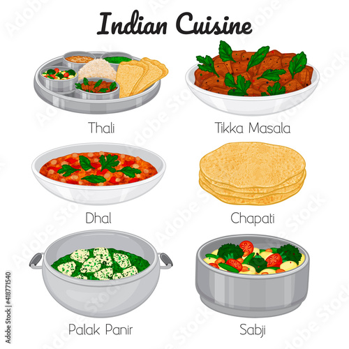 set of indian meals. thali, sabji, palak panir, chapati, dhal, tikka masala. Cartoon style, Vector illustration. Isolated on white.